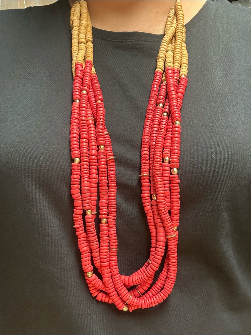 Chico’s Blood Orange/Tan/Gold Multi-Strand Beaded Necklace